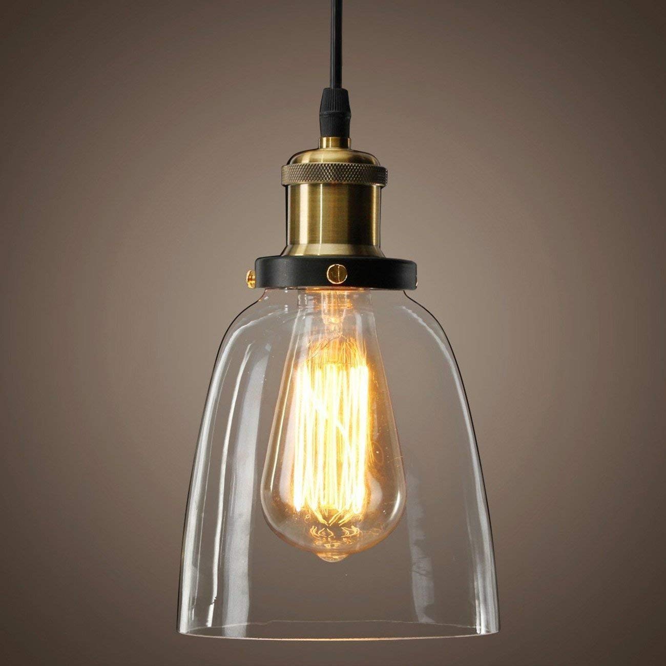 Louvra Industrial Glass Pendant Light Retro Hanging Ceiling Light Clear Glass Shade Cup Shape Brass Metal Base Vintage Pendant Lighting Chandelier for Living Room Loft Kitchen Lounge Decoration