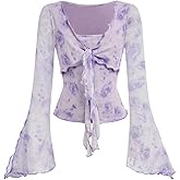 WDIRARA Girl's Floral Long Bell Sleeve T Shirts Ruffle Tie Front Mesh Tops