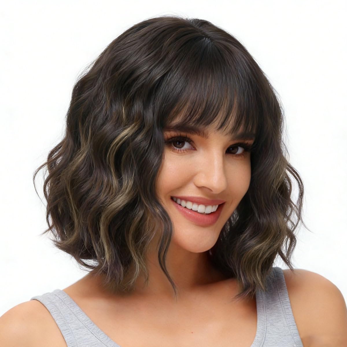 Yamel Wavy Bob Wig with Bangs Dark Brown mix Bleach Blonde Wig Synthetic Hair Shoulder Length Short Curly Wigs for Women — image 1