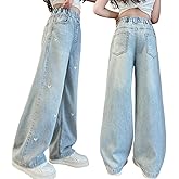 Nivne Tco Tween Girls Baggy Jeans-Elastic Waistband Wide Leg Denim Pants with Heart Embroidery, Streetwear for Girls