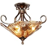 Franklin Iron Works Amber Scroll Rustic Ceiling Light Semi Flush Mount Fixture Golden Bronze 20 1/4" Wide Art Glass for Cotta