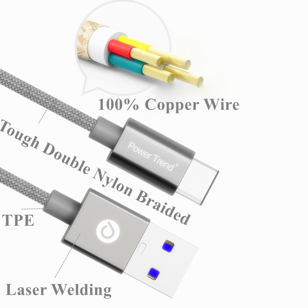Power Trend 2M 6.6FT Nylon Braided USB Type A to Type C 3.0 Cable Data Transfer Charging Cord 5Gbps for New Apple MacBook PD Power Delivery and Nintendo Switch (Space Gray)