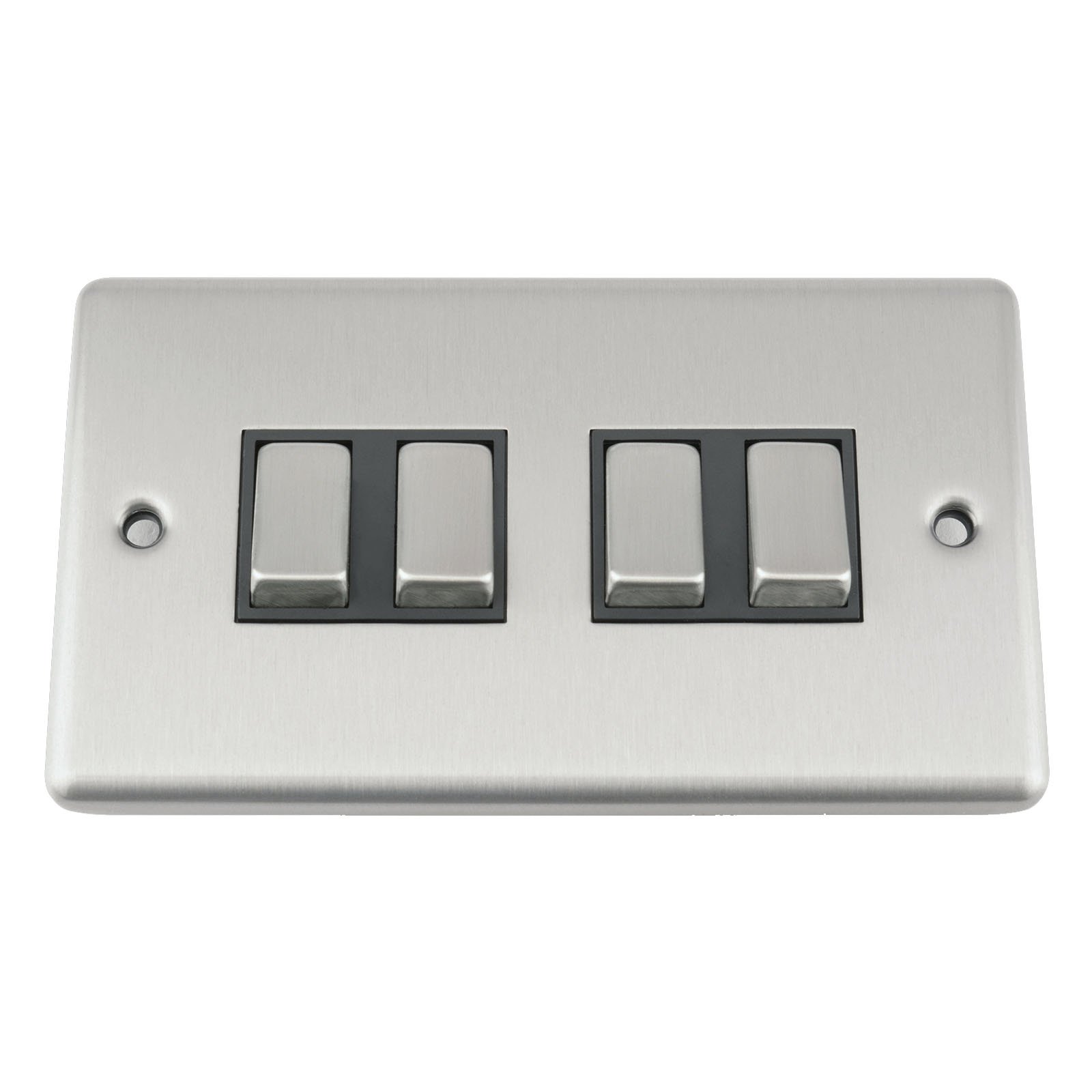 A5 Light Switch - Quad 4 Gang 2 Way - Satin Brushed Chrome - Classic Style Black Insert Metal Rocker Switch