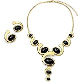 HIHETE Gold Jewelry Set, Bohemian Double-Layer Black Rope With Oval Black Acrylic Pendant Necklace and Bracelet Set for Women Gift