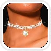 CLOACE Rhinestone Choker Necklace Heart Pendant Diamond Row Necklaces Sparkly Crystal Prom Chain Jewerly Accessories for Women