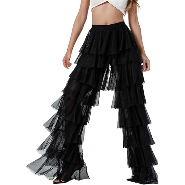 【ENFOLD 25ss】SHEER LAYERED PANTS black Doloame Women's Tiered Ruffled Long Pants Sheer Mesh Multi