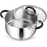 P&P CHEF Stainless Steel Stock Pot, 5 Qt Cooking Soup Pot with Visible Lid for Pasta, Tri-Ply Bottom & Dual Heatproof Handles, For Induction Gas All Stoves, Non-Toxic & Dishwasher Safe