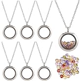 SOFPLATE 1 Box Stainless Steel 6Pcs Round Memory Locket Floating Memory Glass Necklace Chain Cubic Zirconia Cabochons Polished Keepsake Living Locket Necklace for Pendant Women Friendship Decoration