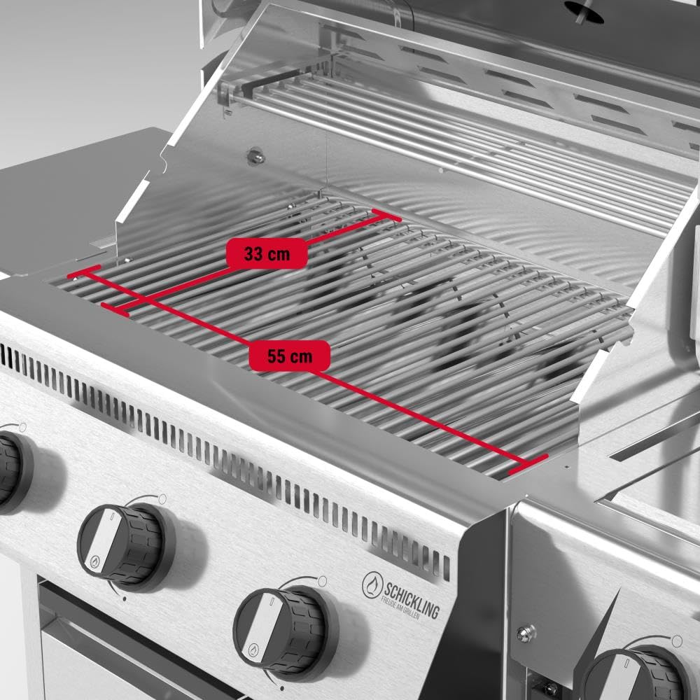 Schickling Gasgrill "Henry L - Deluxe" Edelstahlgrill Grillwagen mit Unterschrank, Doppelwandigem Deckel, 3 Brenner, 800 Grad Seitenbrenner & 3-teiligem Grillrost - Made in Germany 6