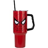 Silver Buffalo Marvel Spider-Man Double Walled Stainless Steel Tumbler with Handle and Straw, Fits in Standard Cup Holder, 40 Ounces