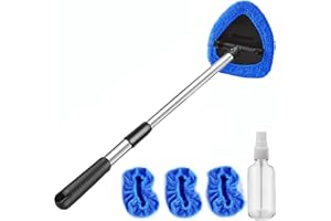 POPDA Windshield Cleaner Tool with Rotating Extendable Handle, 4 Reusable Microfiber Pads, Aluminum Window Cleaning Wand for Car Interior, Auto Glass, RV, Truck, with 30ml Spray Bottle