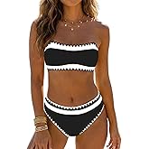 Sexybody Women's Bandeau Bikini Strapless Bikini Neon Color Block Two Piece Whip Stitch Trim Bathing Suits