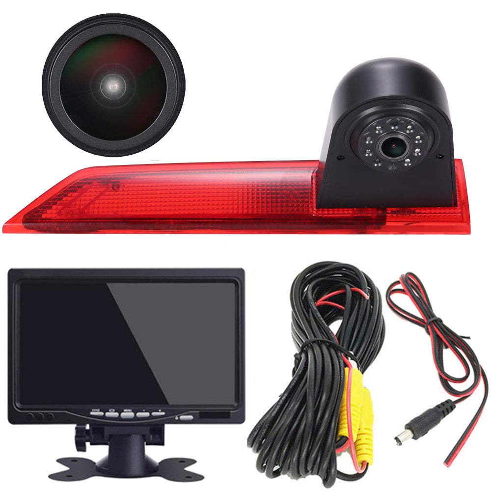 HD 1280Pixels Auto Brake Light Roof Rear View Reversing Backup Parking Camera with Angle Adjustable Compatible with Ford Transit Custom Transporter Business MPV SUV Bus (camera+7''monitor)