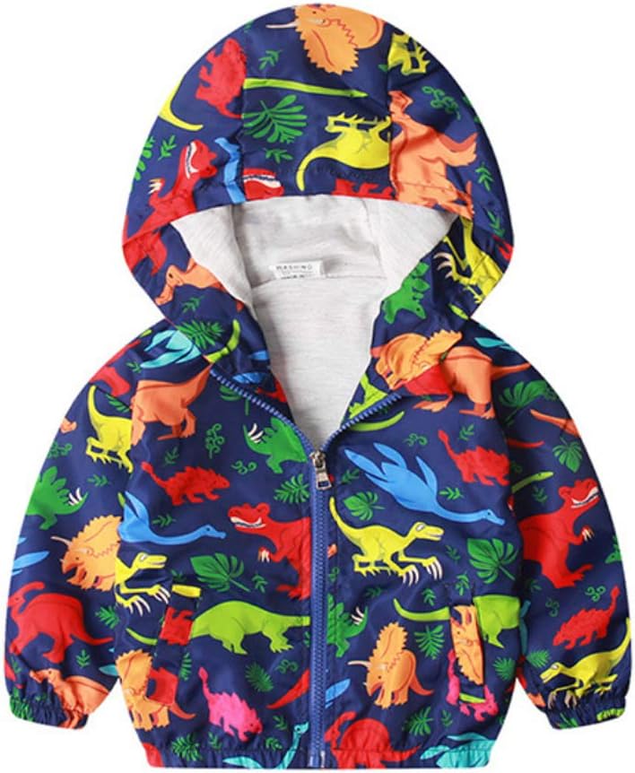 Little Boy Zipper Hooded Jacket,Cool Cartoon Dinosaur Print Long Sleeve Windproof Casual Outerwear