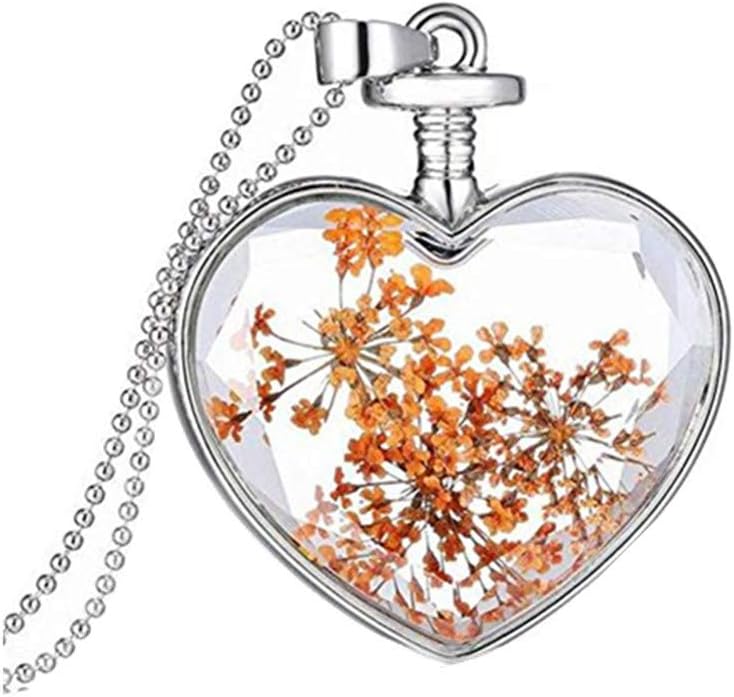 Hmlai Women Dry Flower Heart Glass Wishing Bottle Pendant Necklace Mother's Day Jewelry Gift