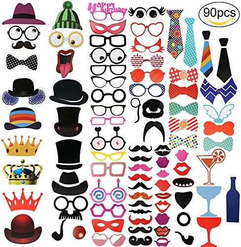RYMALL 90PCS New Style Photo Booth Props Funny Creative Wedding Birthday Christmas Party paper Mustache Glasses Hats on Stick, Colorful