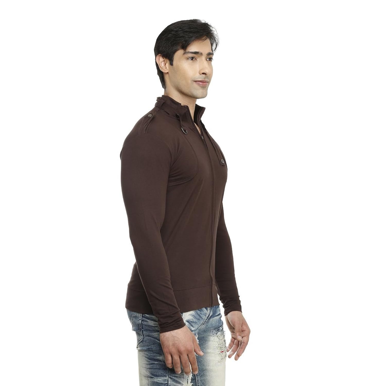 tees collection men's full zip buckle neck full sleeve brown colour t-shirt