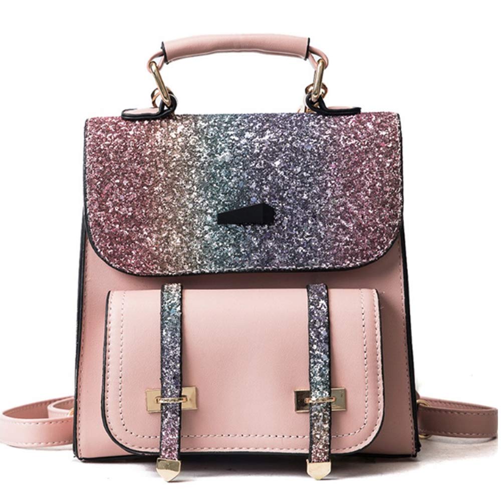 FiveloveTwo Small Fashion Backpack Rucksack PU Leather Daypack with Sequins Women Girls Ladies Handbag and Purse Travel School Shoulder Bags Satchels Totes Pink