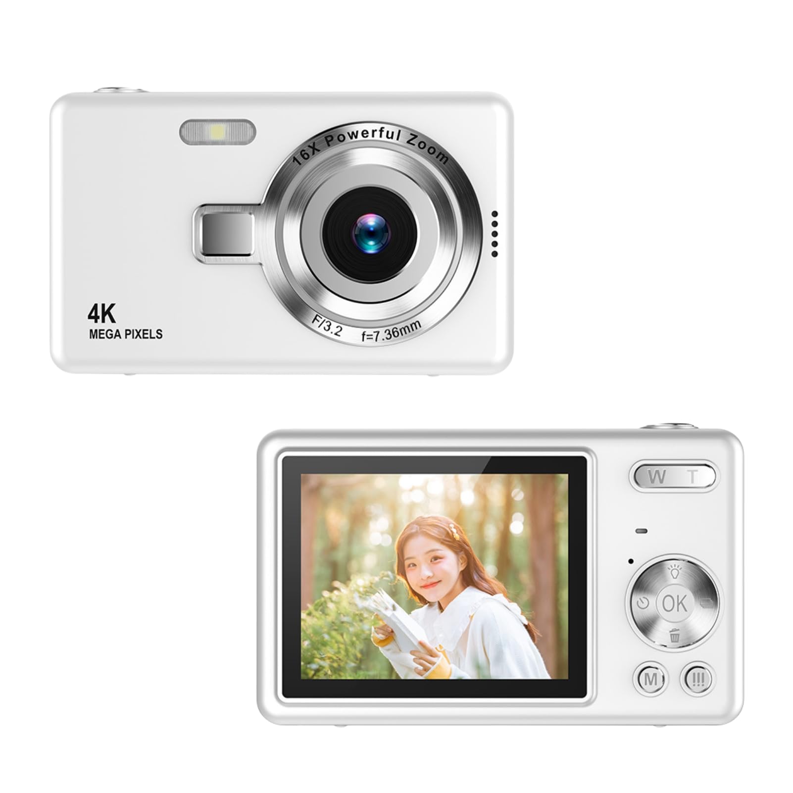 Pocket Digital Camera 2.4in TFT Screen - 2024 Newest 12MP 1080P Compact Point and Shoot Camera, 16X Zoom Auto Focus Small Video Camera for Kids Teens Boys Girls (White)