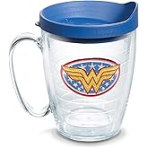 Tervis DC Comics Wonder Woman Emblem Made in USA Double Walled Insulated Tumbler Travel Cup Keeps Drinks Cold & Hot, 16oz Mug with Handle, Blue Lid