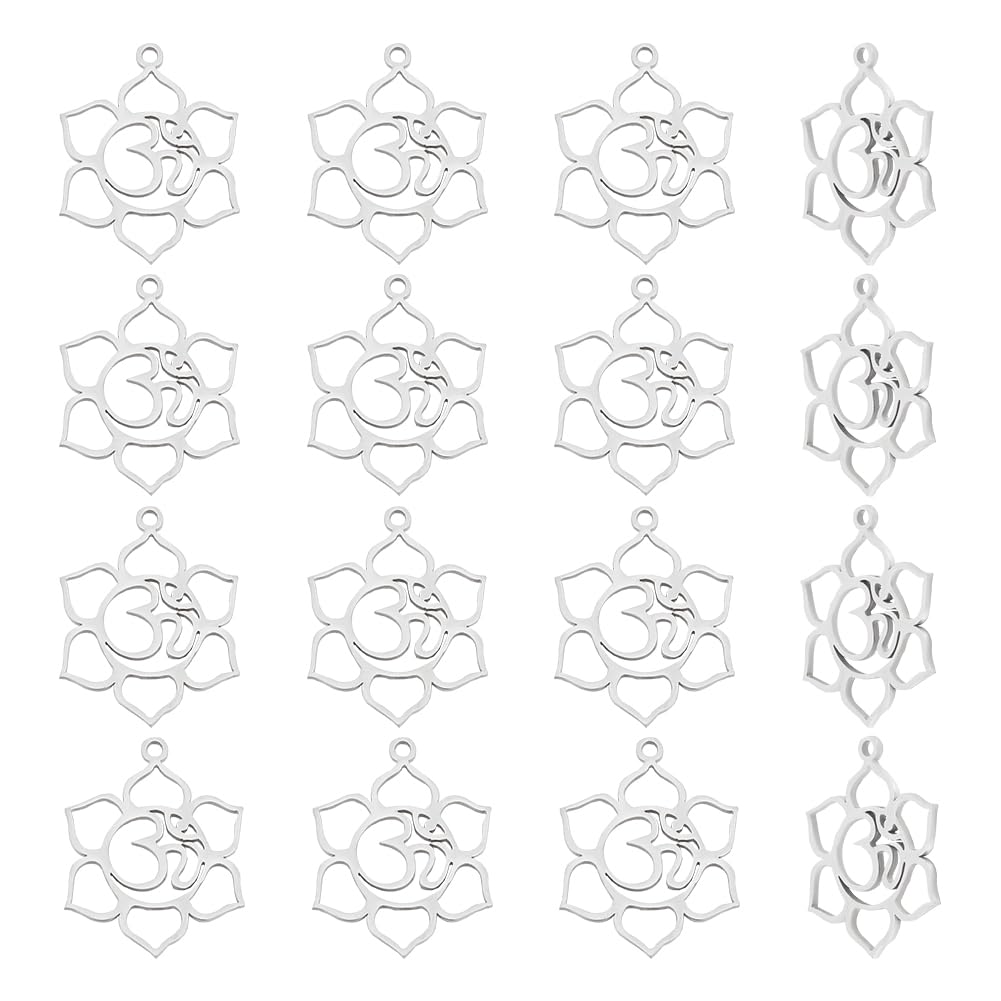 UNICRAFTALE 16pcs 1.5mm Hole Stainless Steel Flower Hollow Charm Metal Flat Flower with Ohm Aum Links Yoga Charm Laser Cut Blossom Cut Out Dangle Earring Pendant for Jewelry Findings