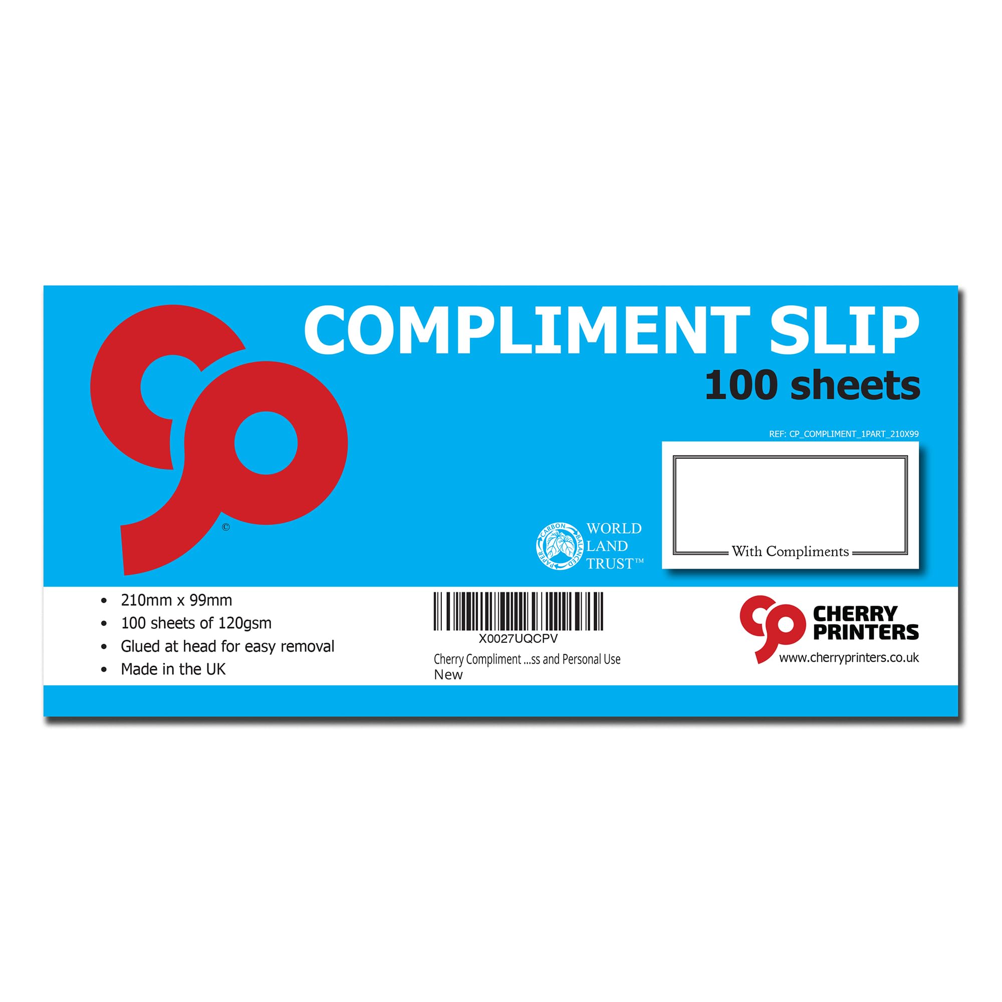 Cherry Printers Compliment Slip 210mm x 99mm | 100 Sheets | 120gsm | Glued at Head for Easy Removal | Made in the UK | Professional Stationery Pad for Business and Personal Use