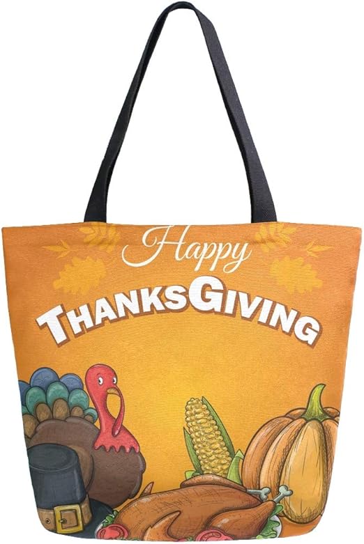 LELEGO Thanksgiving Food Turkey Canvas Tote Bag Large Grocery Cotton