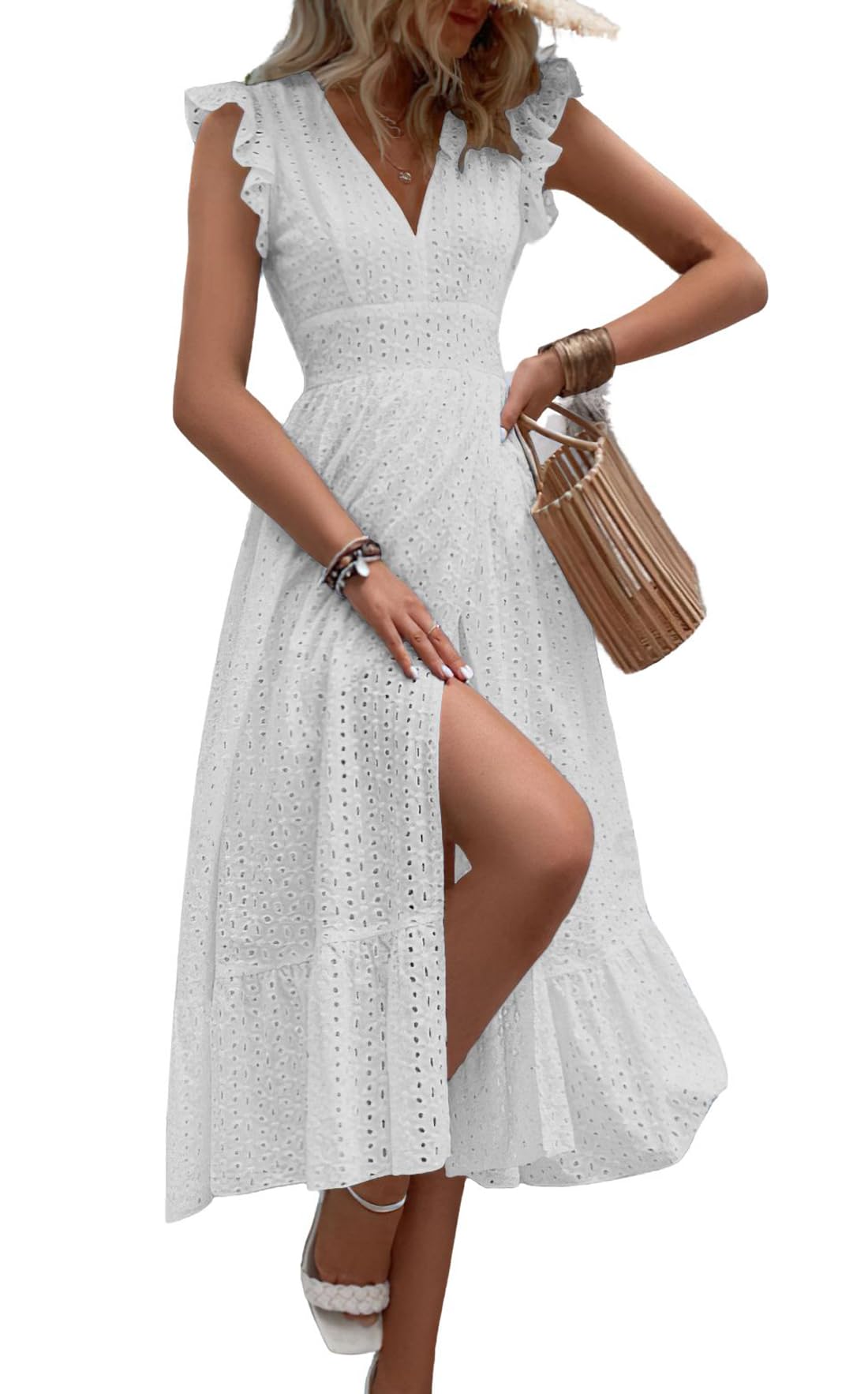 Photo 1 of chouyatou Women's Summer Flutter Sleeve Embroidery Eyelet Lace Dress V-Neck A-Line Beach Sun Dress (Large, White)