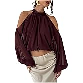 MakeMeChic Women's Valentines Day Outfit Cold Shoulder Halter Blouse Long Sleeve Tie Back Sheer Crop Tops