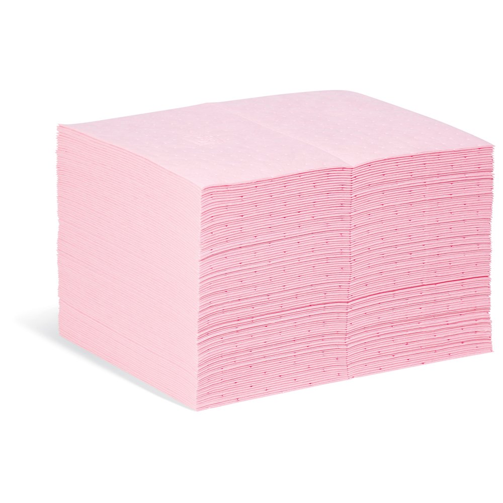 New Pig PIG Absorbent Mat Pads – Pink, Chemical – Absorbs Aggressive Acids, Caustics, Unknown & Hazardous Liquids, Pack of 100, 83.6 L Capacity, Protects Work Areas from Dangerous Chemical Spills