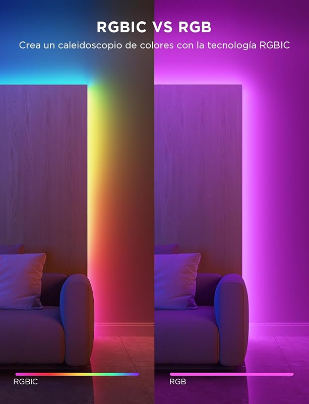 Tira LED 5M, luzes LED RGB com Controlo de Segmento, Sincronização de Música, 64 Modos de Cena, Controlo por App e Milhões de Cores para Quarto, Sala de Estar, Festa