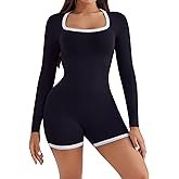 BampooPanPa Women's Casual Long Sleeve Fitted Square Neck Workout Daily One Piece Short Jumpsuit Color Block