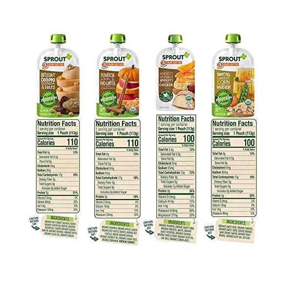Sprout Organic Baby Food, 8 Flavor Meat & Plant Protein Variety Pack, 4 Oz Purees (Pack of 12