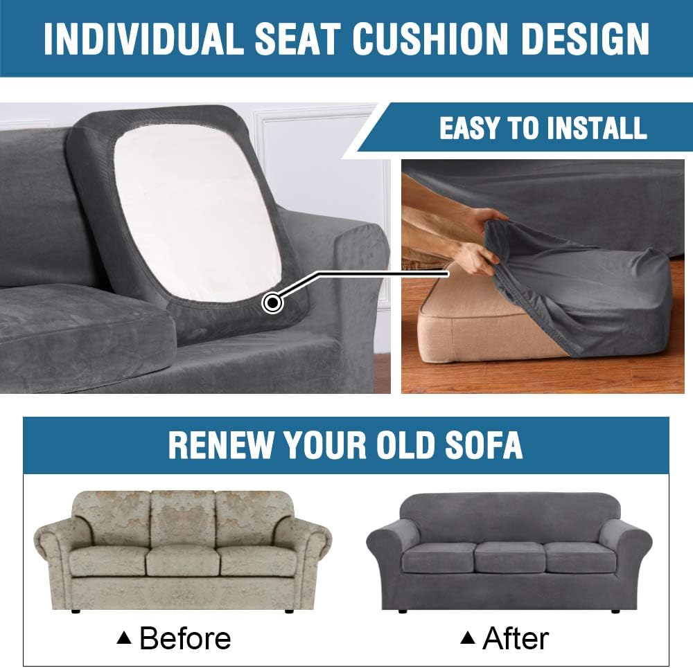 H.VERSAILTEX Real Velvet Plush 3 Piece Stretch Sofa Cover Velvet-Sofa Slipcover Loveseat Cover Furniture Protector Couch Soft Loveseat Slipcover for 2 Cushion Couch with Elastic Bottom(Loveseat,Gray): Kitchen & Dining