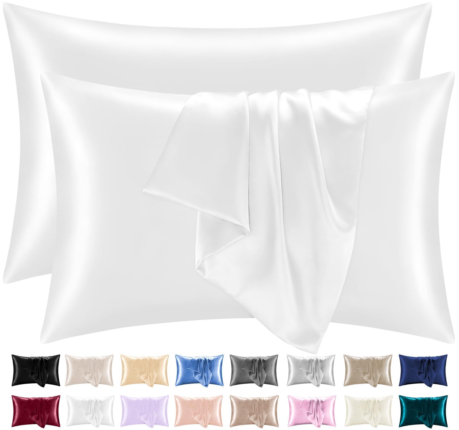 Lazzaro Satin Silk Pillowcases for Hair and Skin - Hypoallergenic Silk Pillow Cases 2 Pack with Envelope Closure - Ultrasoft Standard Size White Silk Pillowcases (50 x 75 cm)