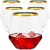 Lueumxc 40 Pack Diamond Plastic Wine Glasses,Unbreakable Stemless Whiskey Cocktail Wine Champagne Glasses,12 Ounce Durable Disposable Cups Gold Rim for Parties, Weddings, Birthdays