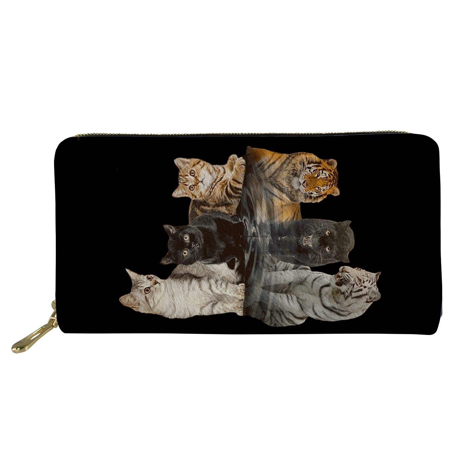 Showudesigns Cat Purse Ladies Long Wallet Card Holder Clutch with Zipper Pocket Credit Card Case Kitten Reflection Tigers Black
