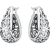 Vintage Filigree Hoop Earrings for Women Chunky Floral Flower Vines Small Huggie Dangle Earrings Lightweight Oval Hoops Sterling Silver Plated Sensitive Ear Lightweight Statement Trendy Mother Jewelry