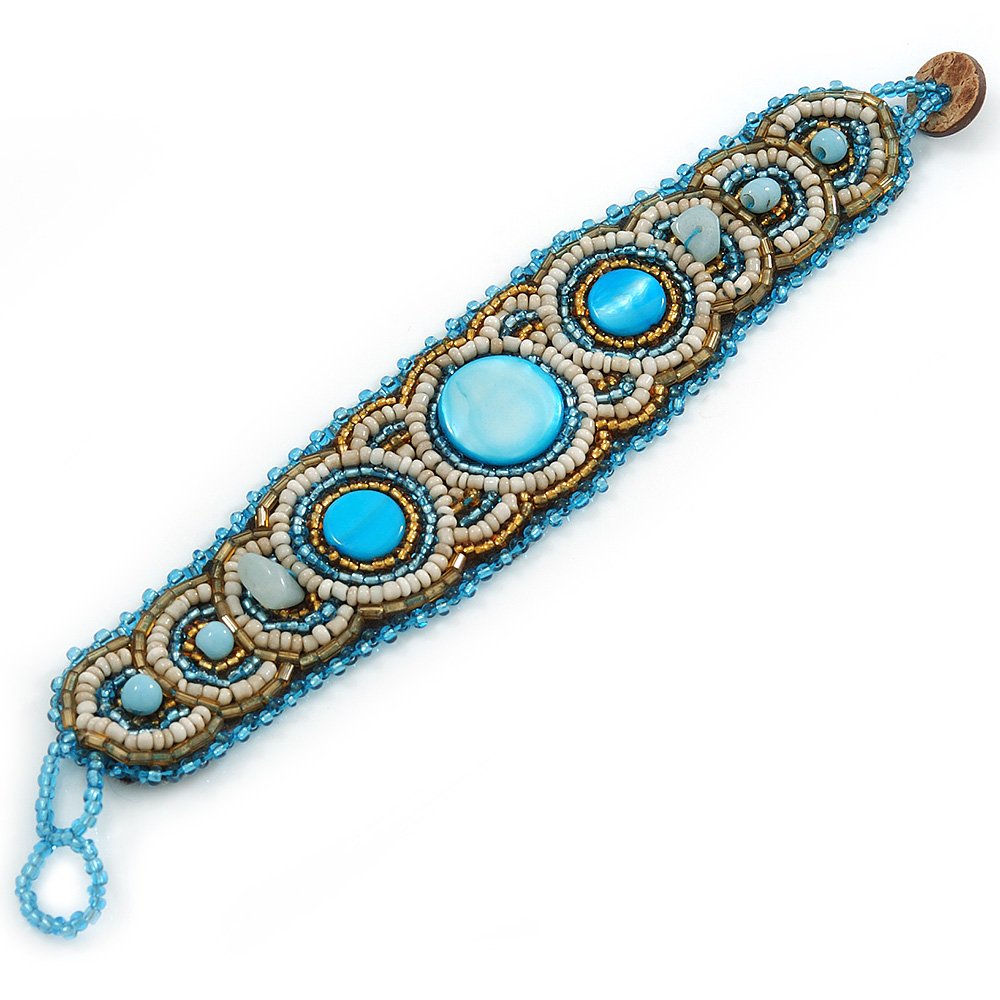 Avalaya Handmade Boho Style Beaded, Shell Wristband Bracelet (Blue, Gold, Antique White) - 18cm L