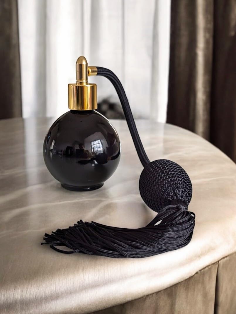 Black Gloss 78ml Round Perfume Bottle Atomizer, Black Pump Tassel. Filling Funnel & Gift Box Included (GF)
