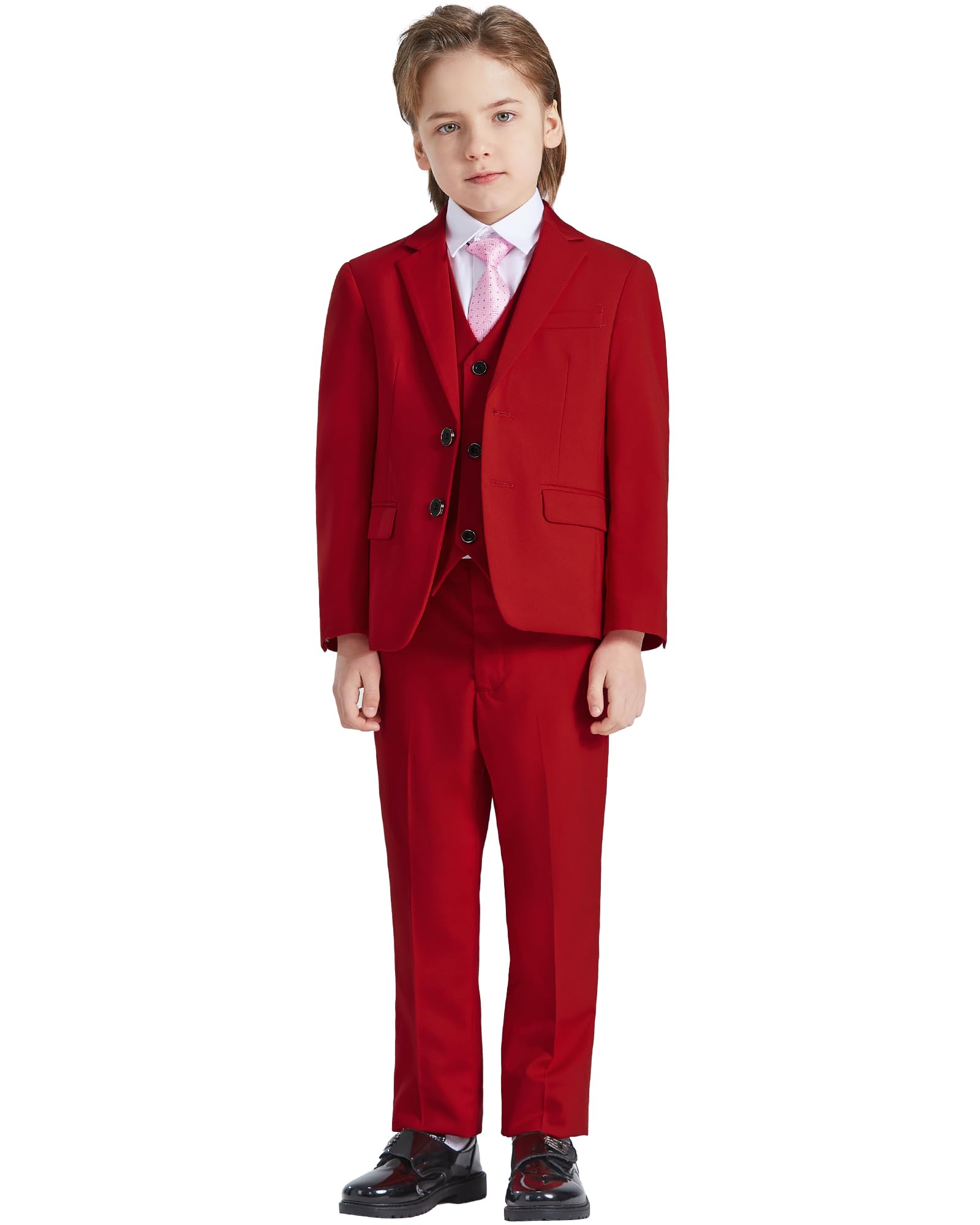 Photo 1 of ** 2 PC ** YND Boys 5 Piece Slim Fit Suit Set, Solid Formal Dresswear of Jacket Vest Pants Shirt and Tie Red 3T