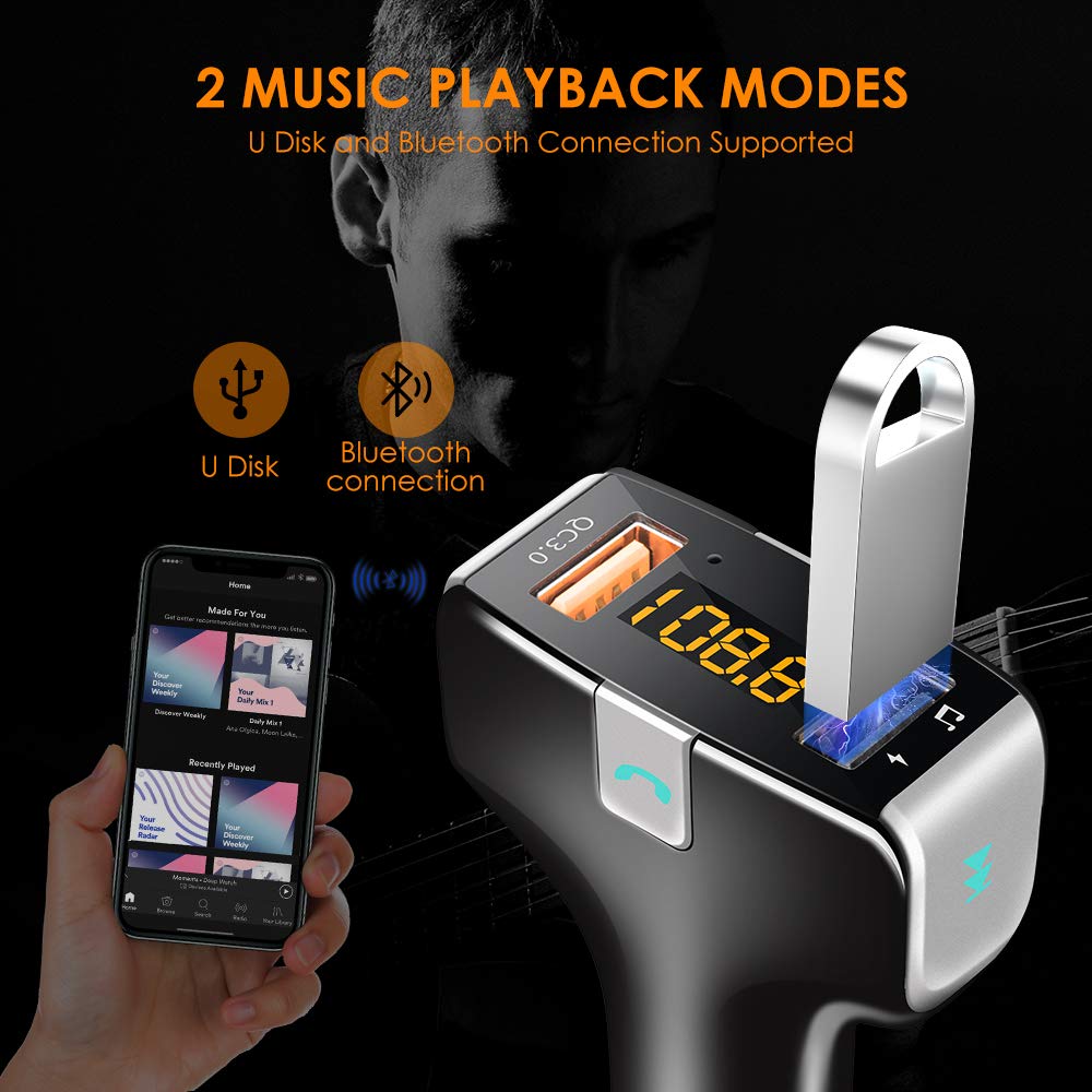 bedee FM Transmitter Bluetooth 5.0 with QC3.0 Charger for Car, Wireless FM Transmitter Car Radio Audio Adapter, Handsfree Car Kit with Dual USB Charging Ports, LED Display, USB Flash Drives Reader