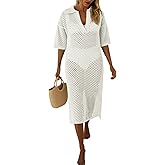 Fisoew Womens Crochet Swimsuit Coverup Summer Hollow Out Short Sleeve V Neck Bikini Coverups Vacation Beach Maxi Dress