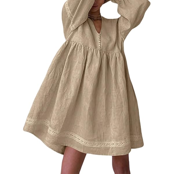 Womens French Style Cotton Linen Midi Dresses Commuter Fashion V