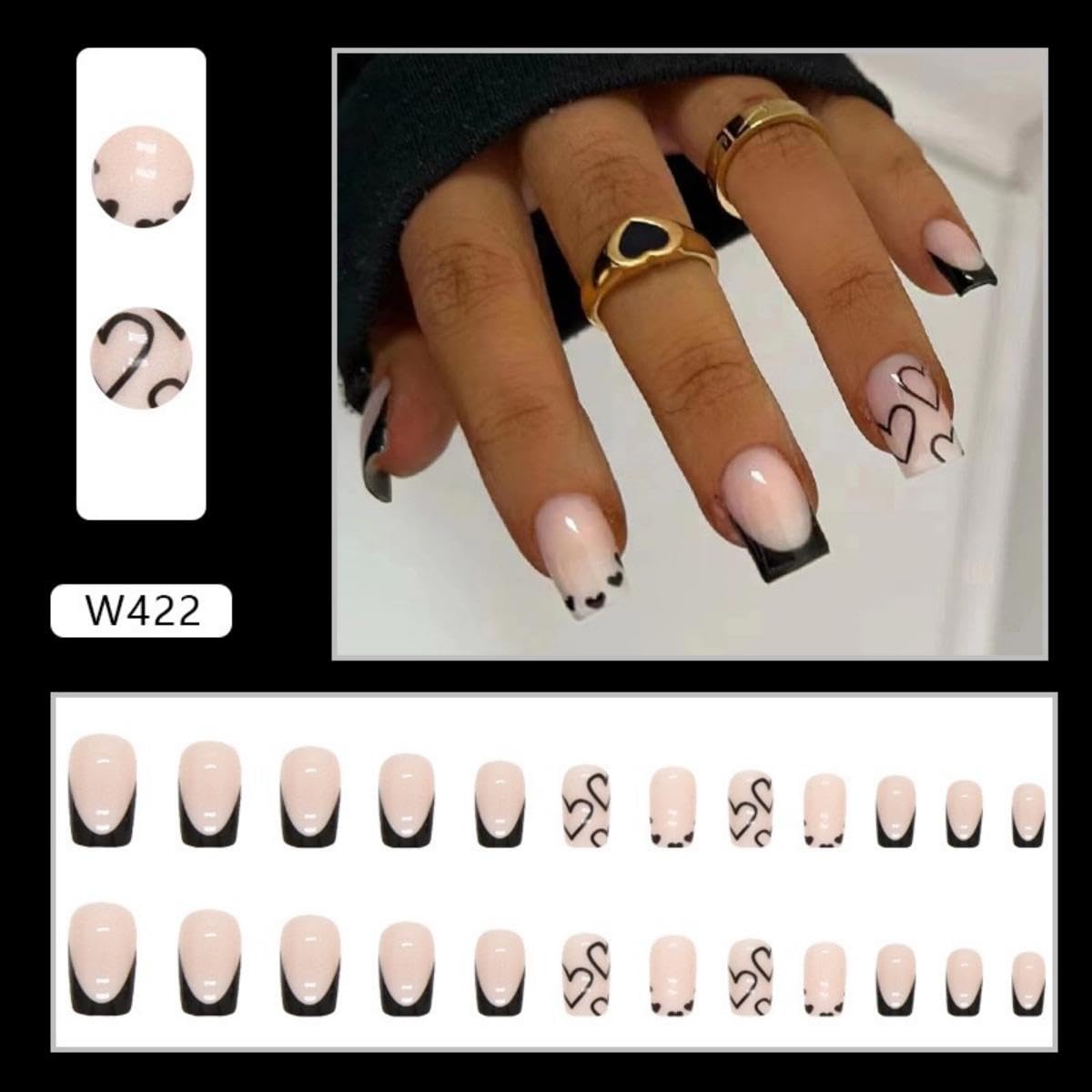 French Tip Press on Nails Short Square Fake Nails Black Acrylic Nails with White Heart Design Stick on Nails Artificial Full Cover Glossy Glue on Nails for Women Girls Valentine's Day Manicure 24pcs… - Image 7
