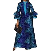 iooiooi Womens Double Layered Bell Sleeve African Maxi Dress Ankara Wedding Party Dress