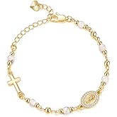 Women's Gold Virgin Mary Bracelet - 14K Gold Plated Religious Cross Bracelet,Dainty Golden Non Tarnish Virgen De Guadalupe Natural Stone Beaded Jewelry,Catholic Faith Baptism Confirmation Gift for Her