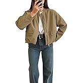 Women's Casual Bomber Jacket Round Neckline Long Sleeve Pockets Gathered Hem Coat