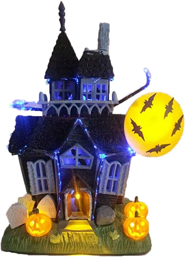 AMILIEe 9 Inch Halloween The Haunted Lit House with Flashing Lights & Sound Motion Sensor, Bat Pumpkin Tombstone Mini LED Light-up Haunted Halloween Ghost House Tabletop Decoration (Grey, 1)