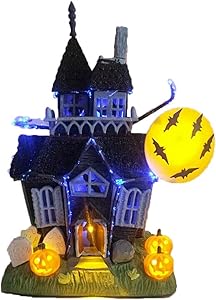 AMILIEe 9 Inch Halloween The Haunted Lit House with Flashing Lights & Sound Motion Sensor, Bat Pumpkin Tombstone Mini LED Light-up Haunted Halloween Ghost House Tabletop Decoration (Grey, 1)